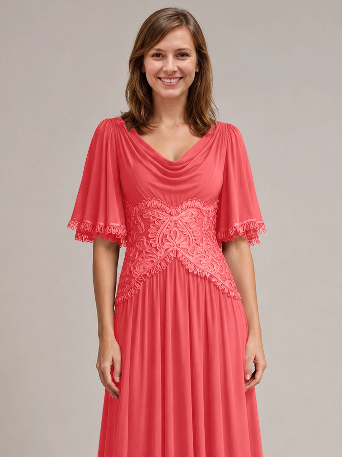 Cowl Neck Mother of the Bride Dress with Applique 