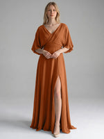 V-neck Slit Ruched Mother Dress 
