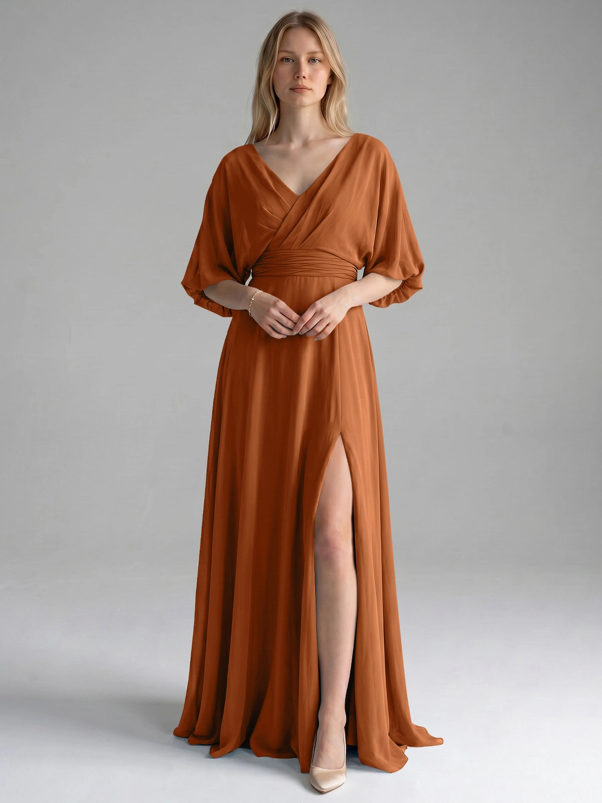V-neck Slit Ruched Mother Dress 