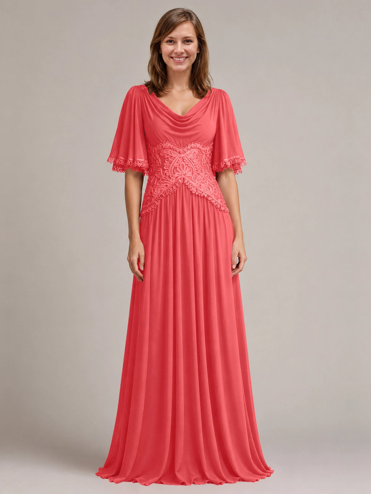 Cowl Neck Mother of the Bride Dress with Applique 