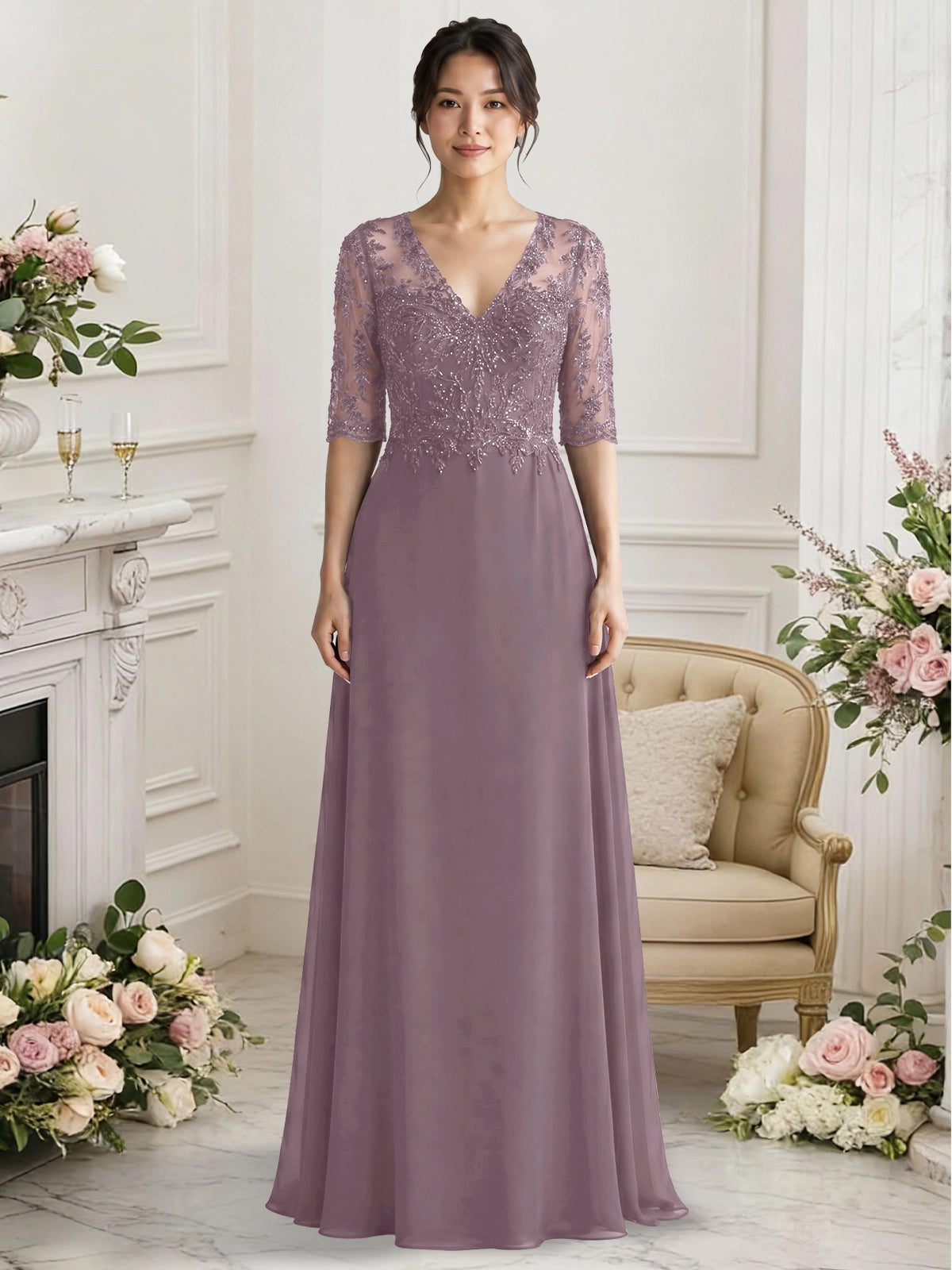 Lace Mother of the Bride Dress with Half Sleeves