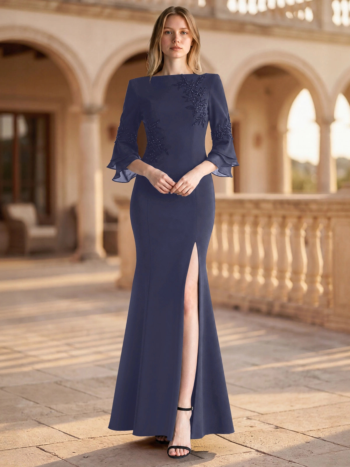 Chiffon Mother of the Bride Dress with 3/4 Sleeves