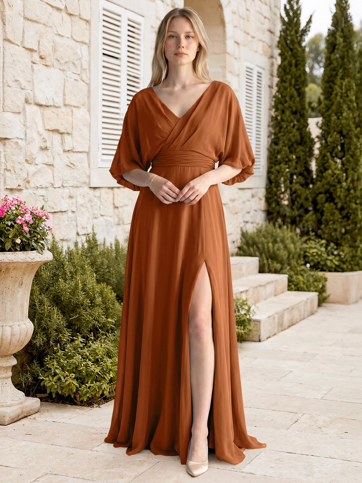 V-neck Slit Ruched Mother Dress 