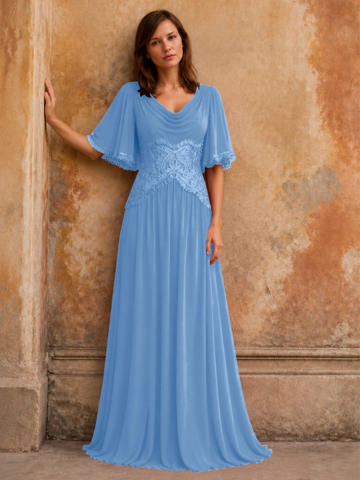Cowl Neck Mother of the Bride Dress with Applique 