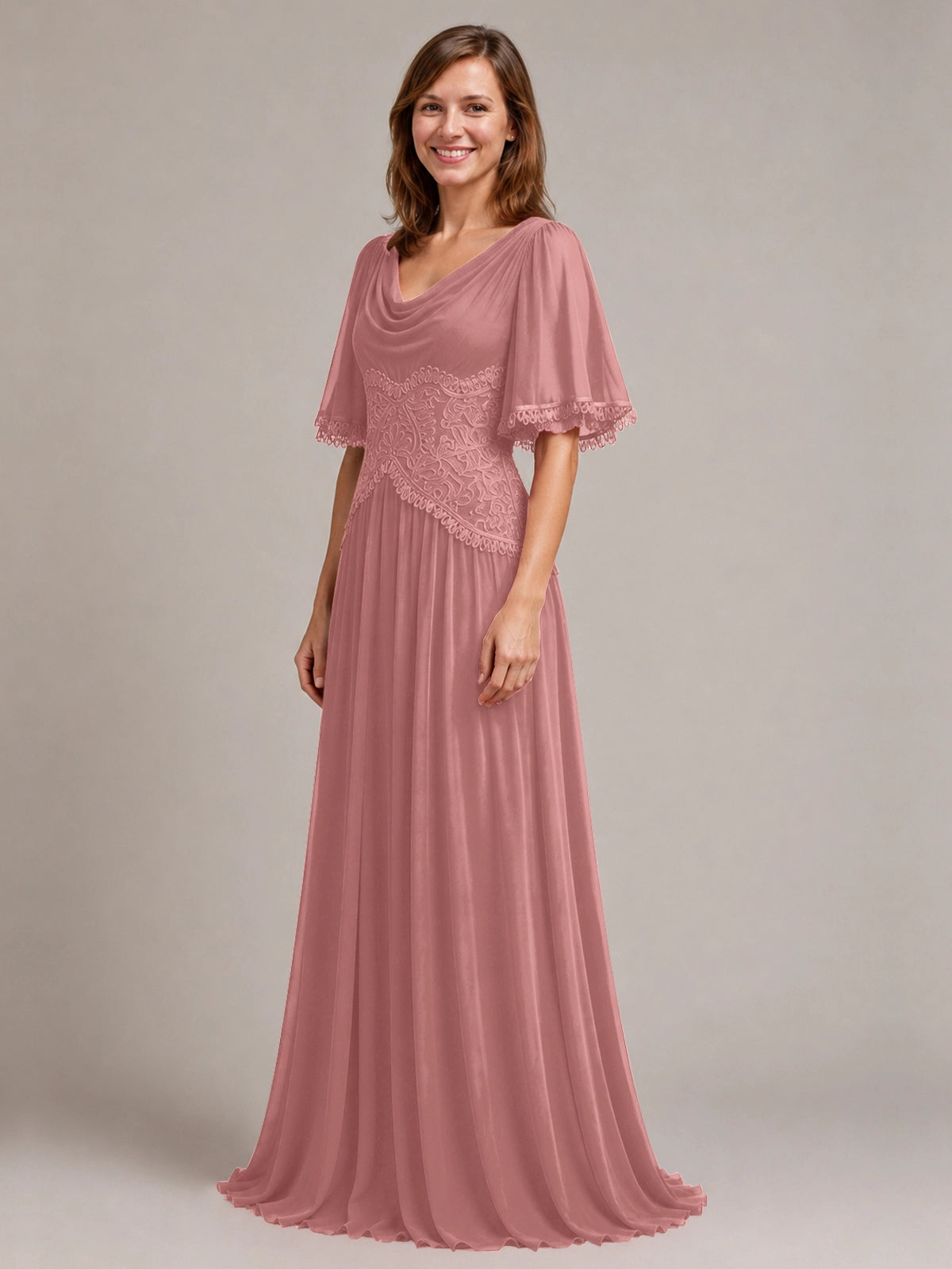 Cowl Neck Mother of the Bride Dress with Applique 