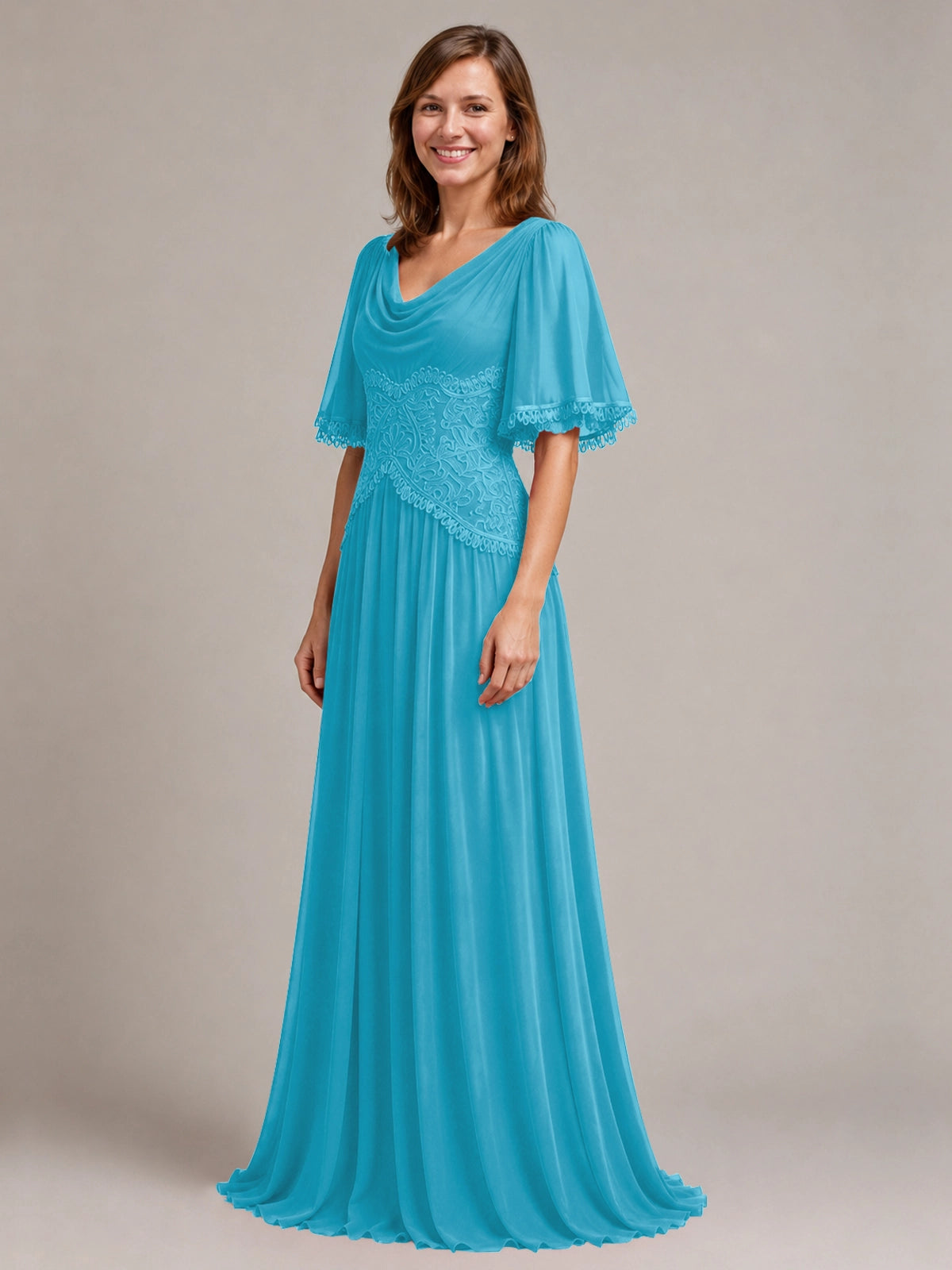 Cowl Neck Mother of the Bride Dress with Applique 