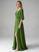V-neck Slit Ruched Mother Dress 