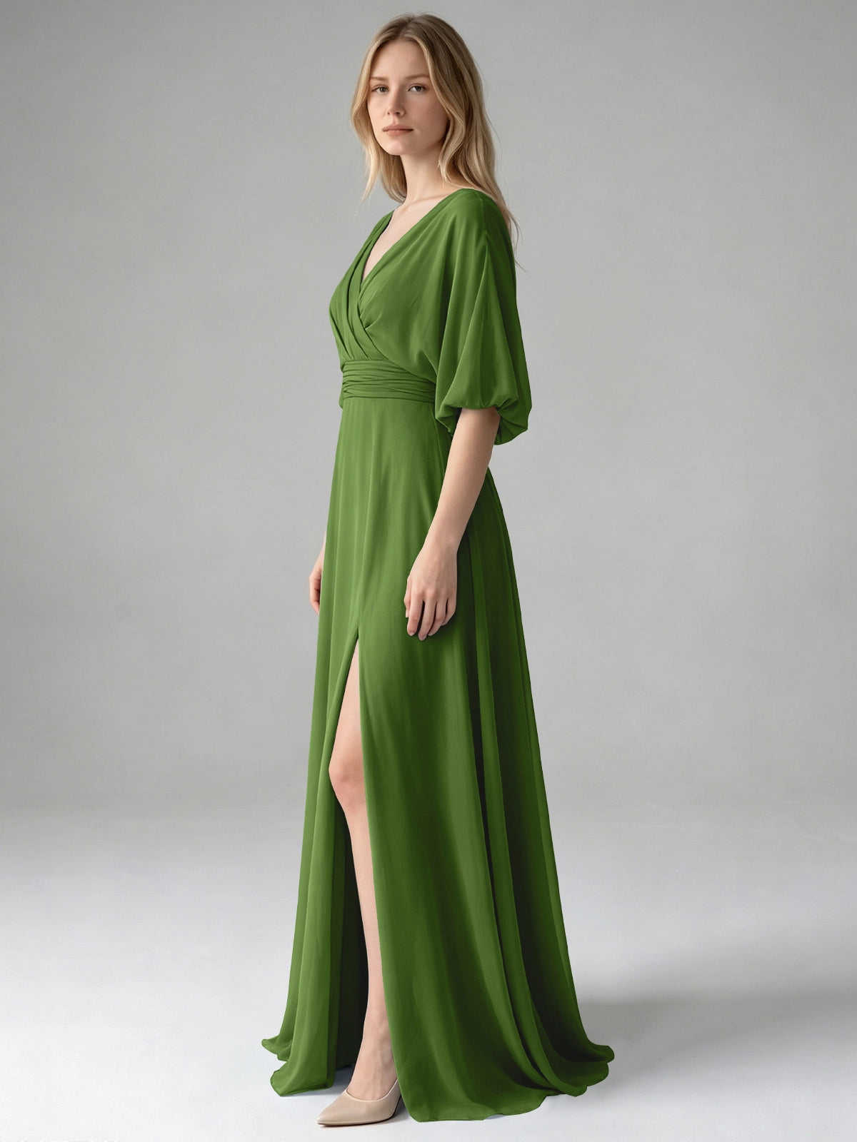 V-neck Slit Ruched Mother Dress 