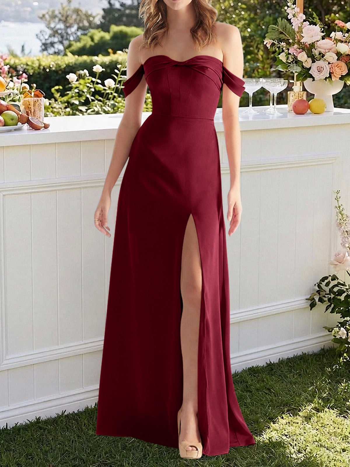 Off-the-Shoulder Slit Bridesmaid Dress 