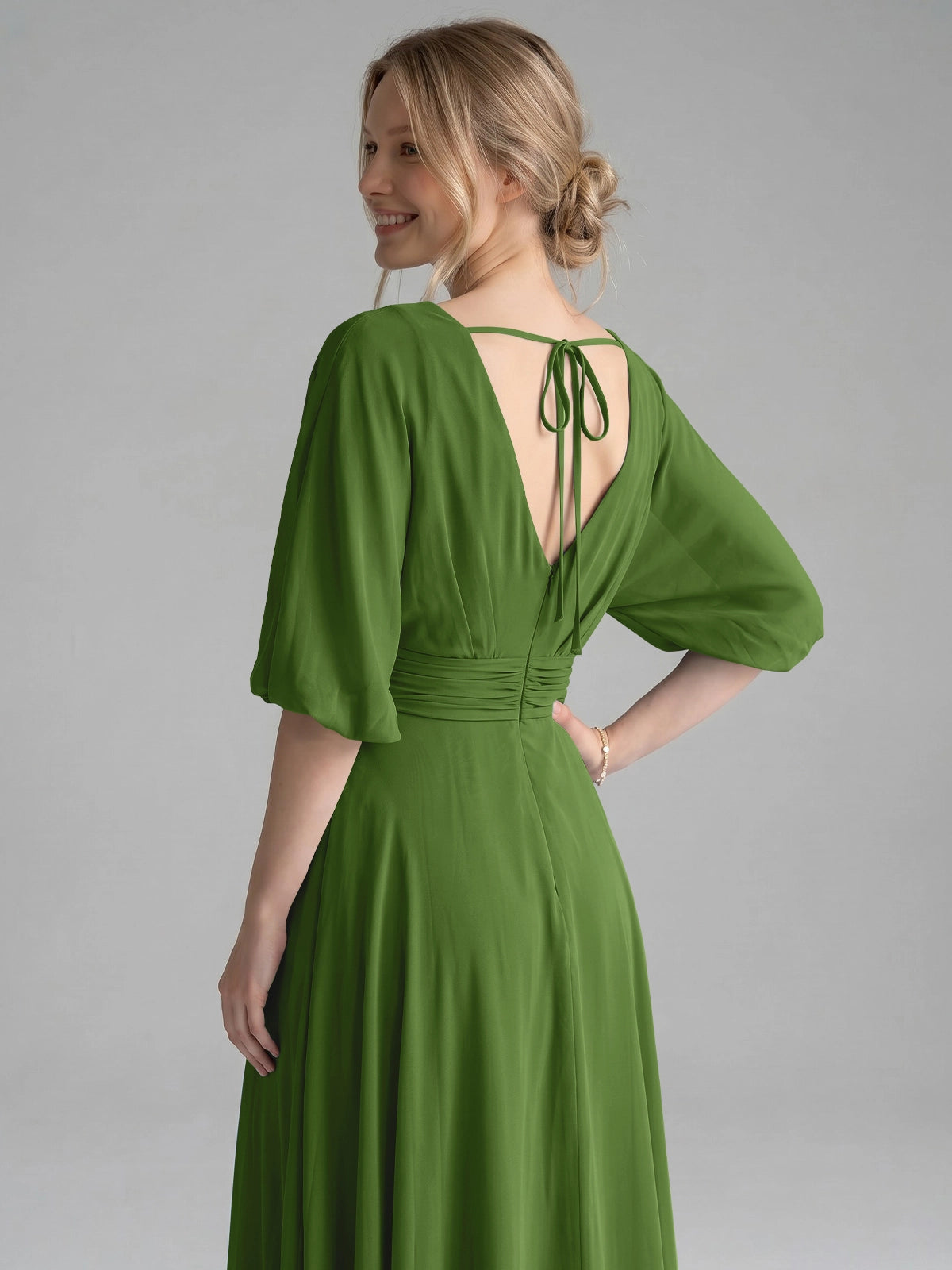 V-neck Slit Ruched Mother Dress 