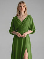 V-neck Slit Ruched Mother Dress 
