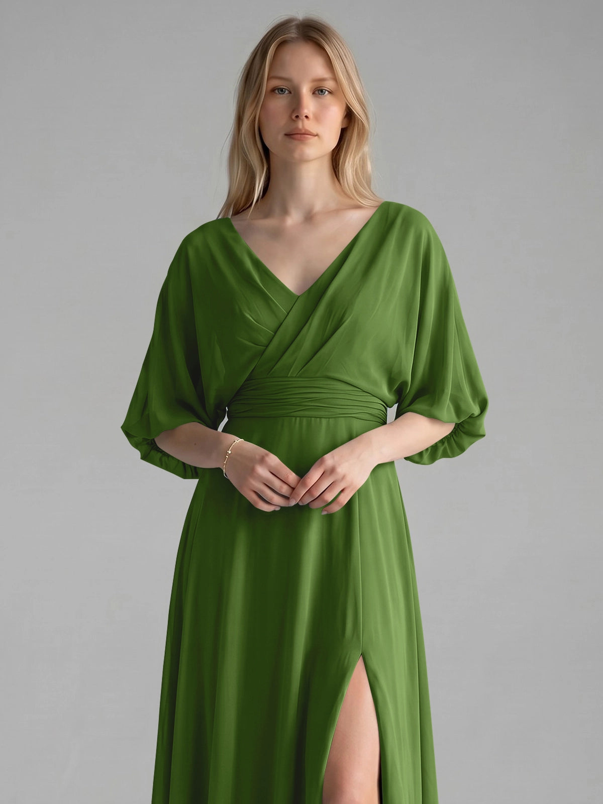 V-neck Slit Ruched Mother Dress 