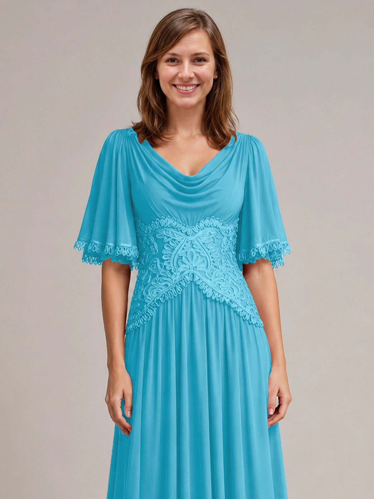 Cowl Neck Mother of the Bride Dress with Applique 