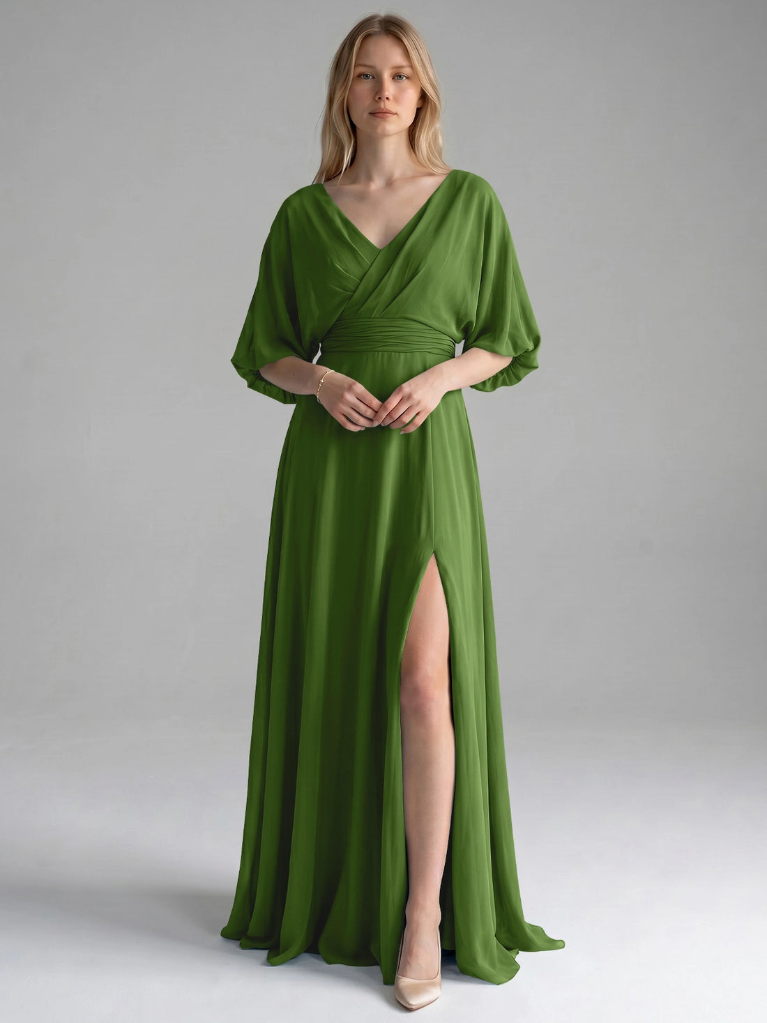 V-neck Slit Ruched Mother Dress 