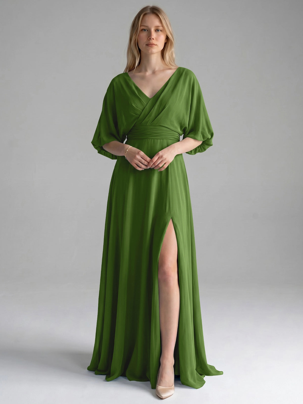 V-neck Slit Ruched Mother Dress 