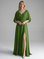 V-neck Slit Ruched Mother Dress 