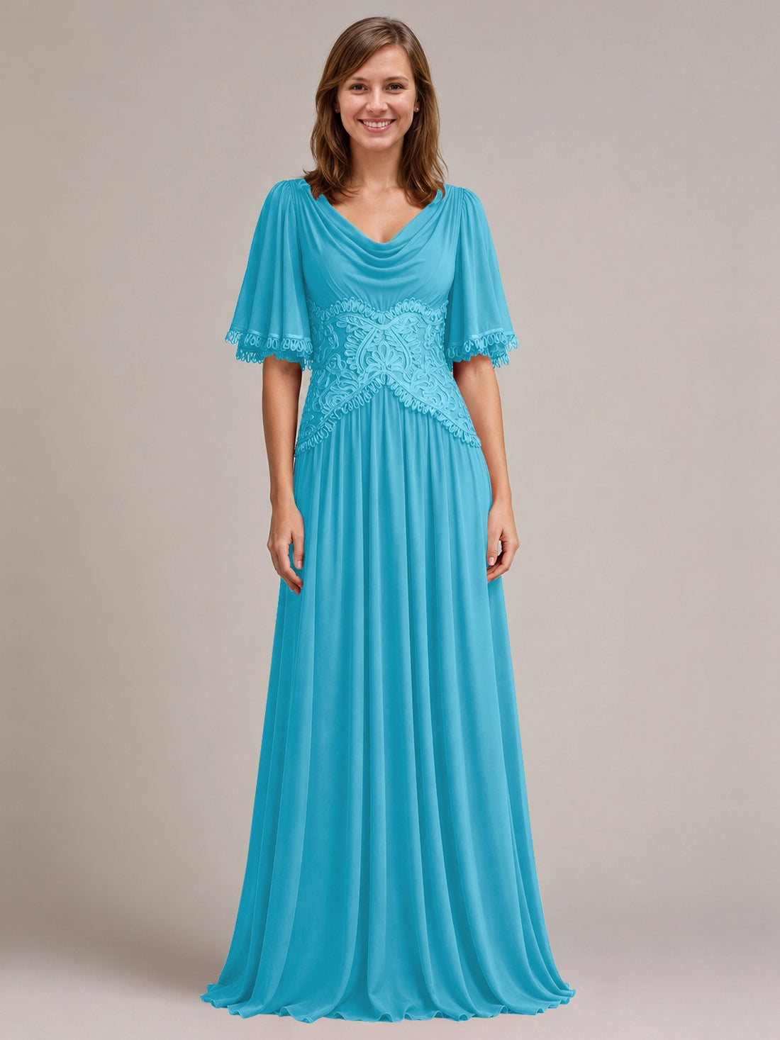 Cowl Neck Mother of the Bride Dress with Applique 