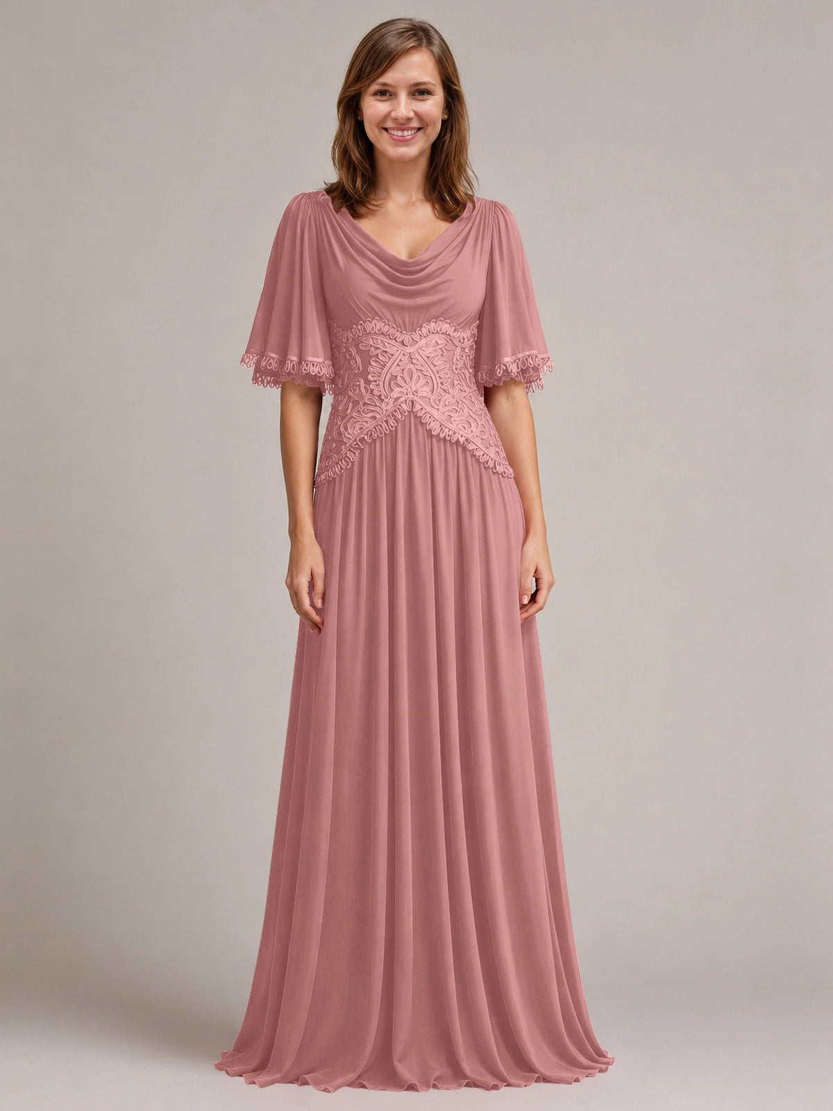Cowl Neck Mother of the Bride Dress with Applique 