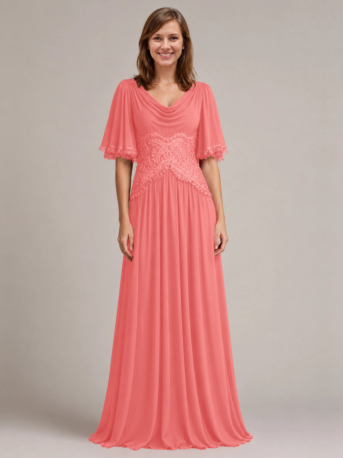 Cowl Neck Mother of the Bride Dress with Applique 