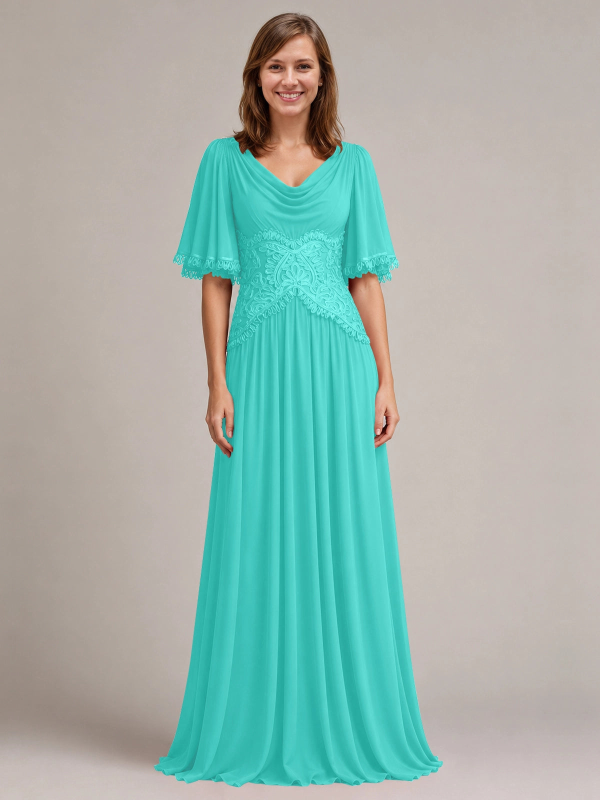 Cowl Neck Mother of the Bride Dress with Applique 