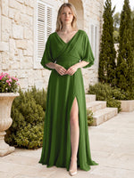 V-neck Slit Ruched Mother Dress 