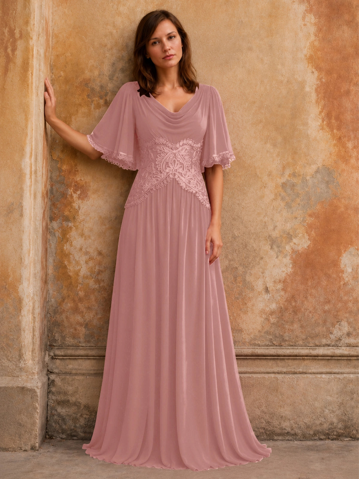 Cowl Neck Mother of the Bride Dress with Applique 