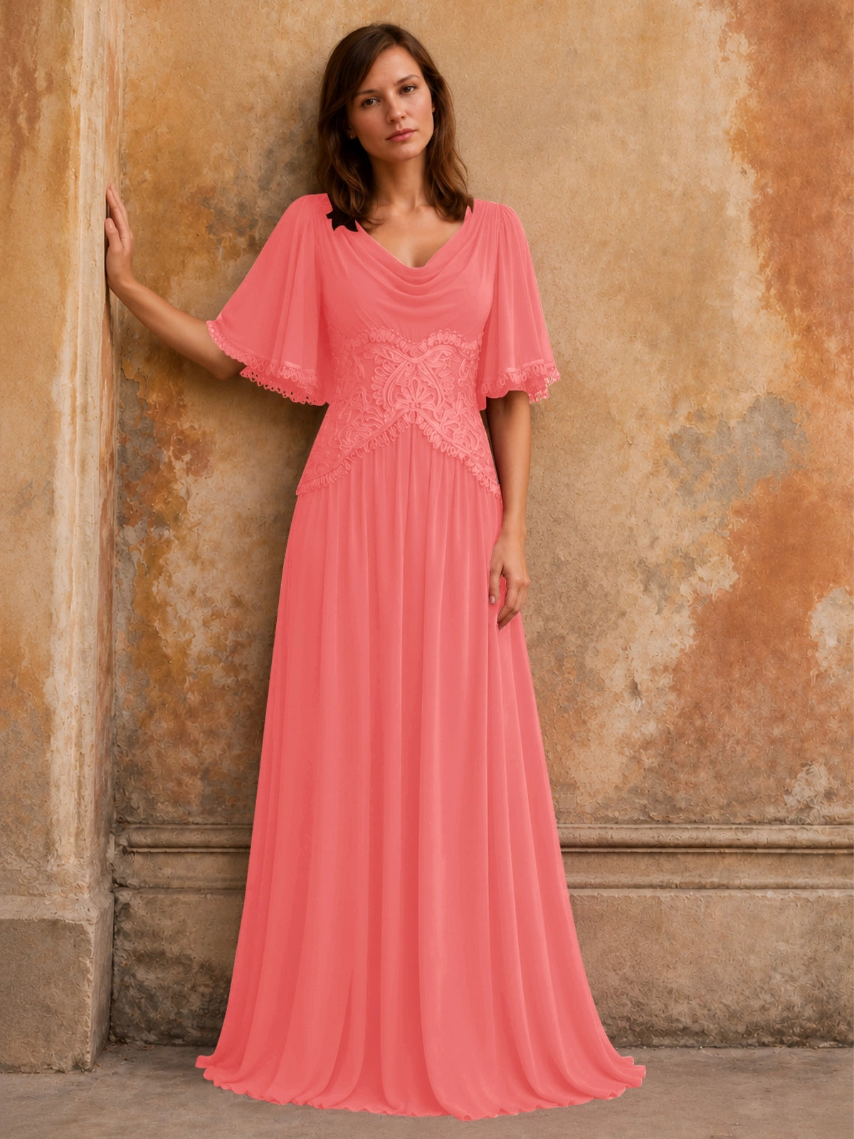 Cowl Neck Mother of the Bride Dress with Applique 