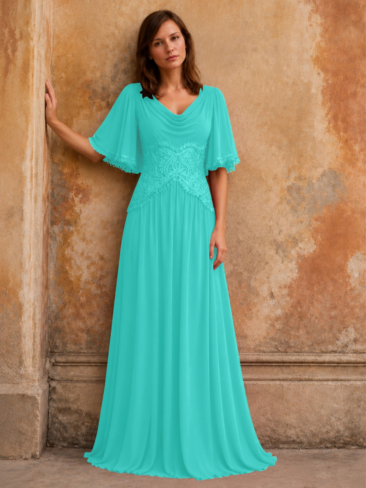 Cowl Neck Mother of the Bride Dress with Applique 