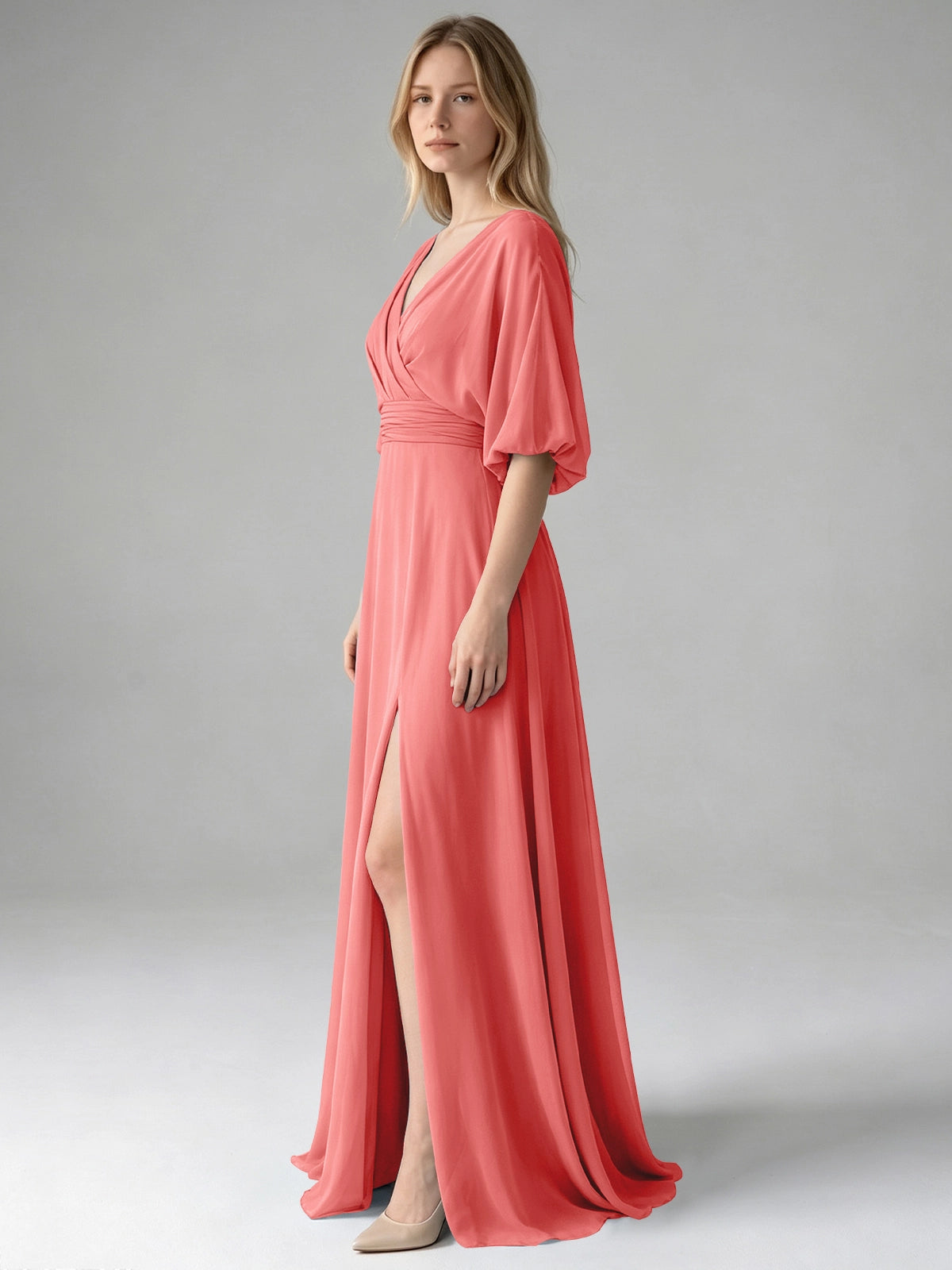 V-neck Slit Ruched Mother Dress 