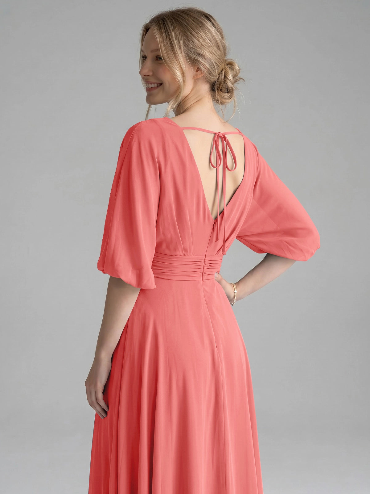V-neck Slit Ruched Mother Dress 