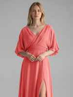 V-neck Slit Ruched Mother Dress 