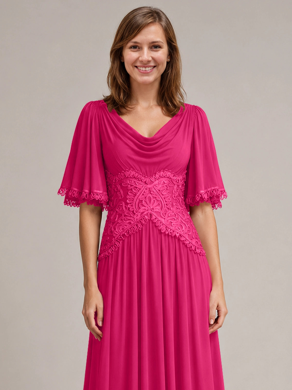 Cowl Neck Mother of the Bride Dress with Applique 