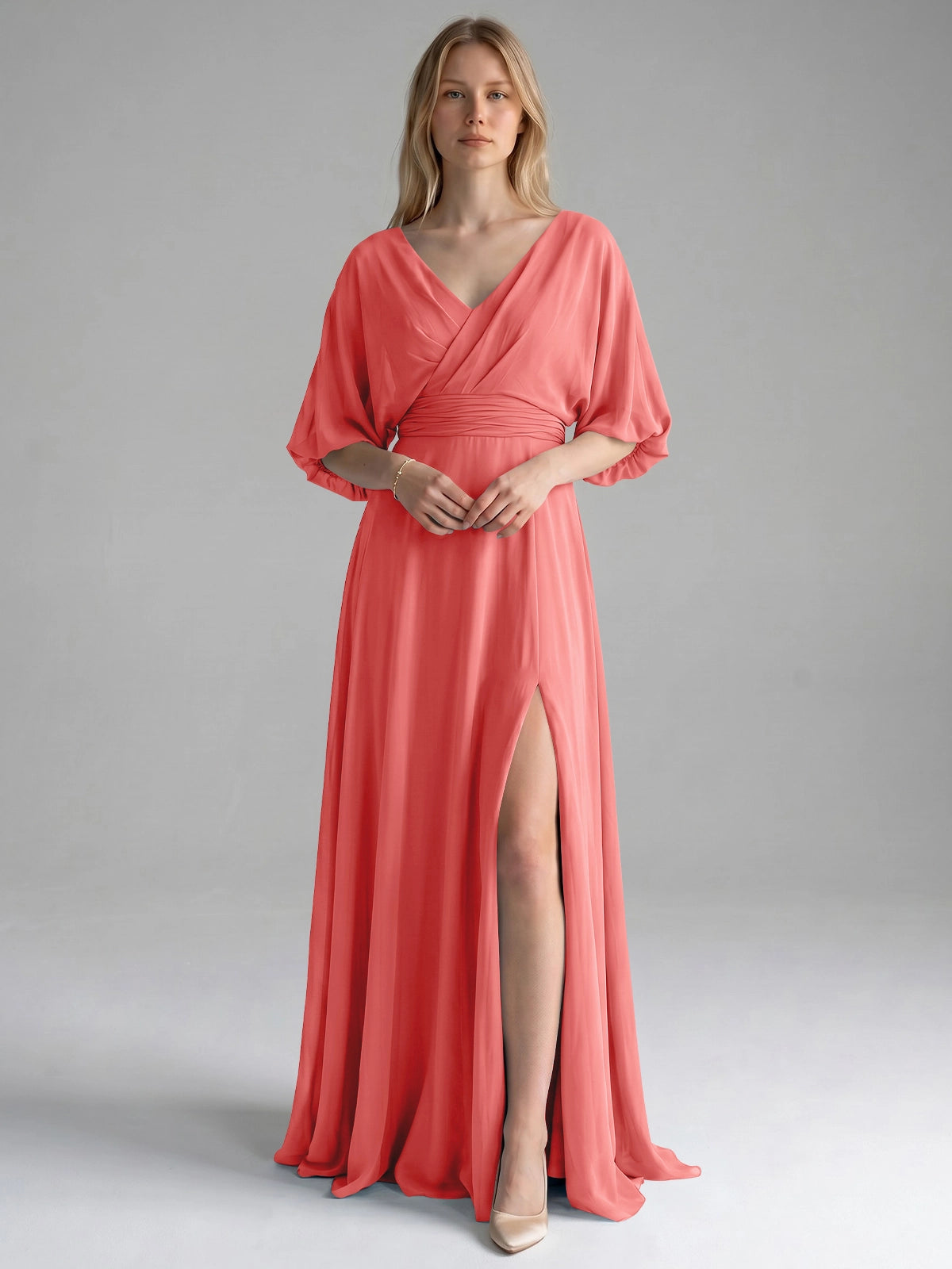 V-neck Slit Ruched Mother Dress 