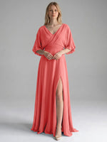 V-neck Slit Ruched Mother Dress 