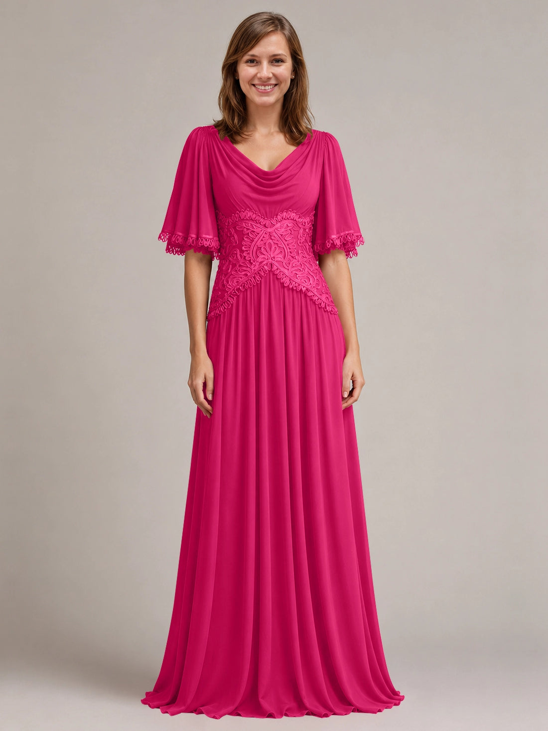 Cowl Neck Mother of the Bride Dress with Applique 
