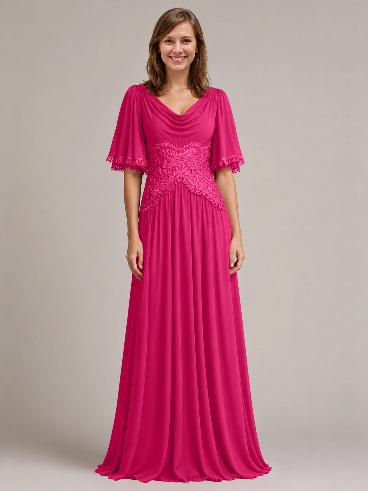 Cowl Neck Mother of the Bride Dress with Applique 