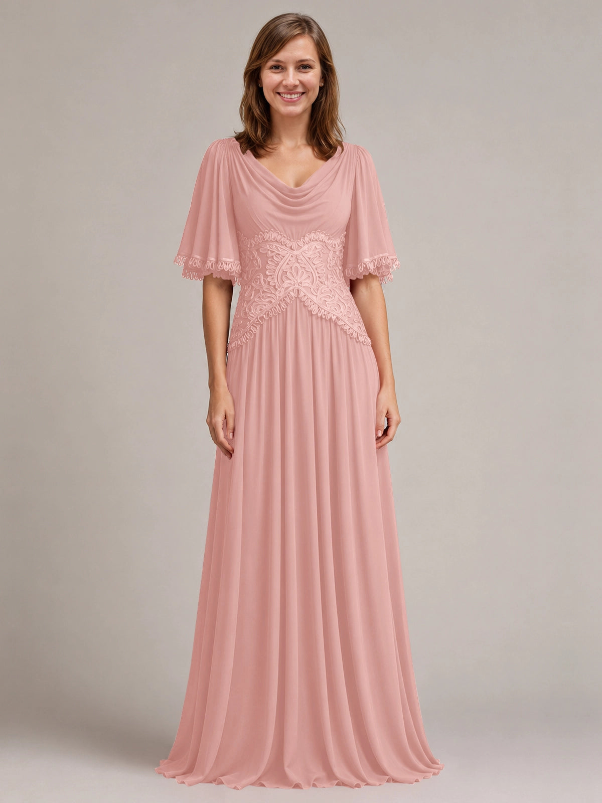 Cowl Neck Mother of the Bride Dress with Applique 