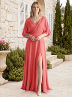 V-neck Slit Ruched Mother Dress 