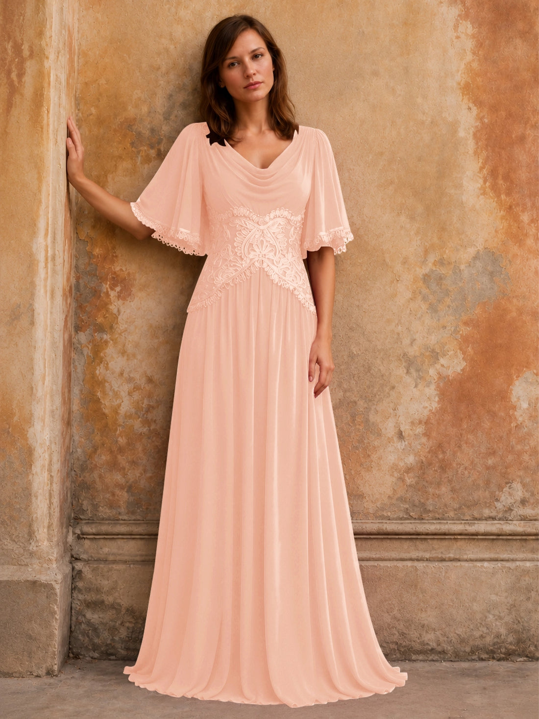Cowl Neck Mother of the Bride Dress with Applique 