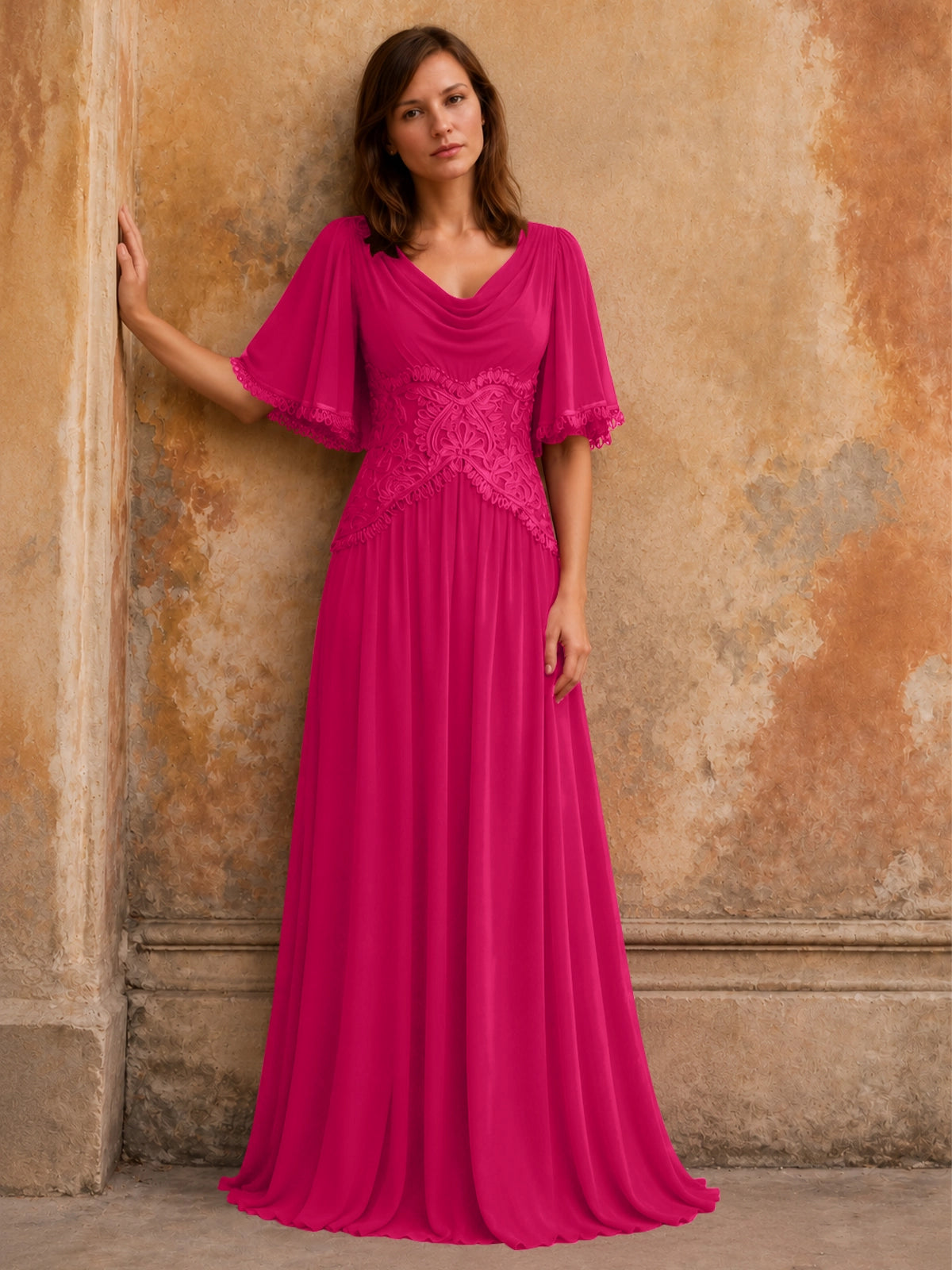 Cowl Neck Mother of the Bride Dress with Applique 