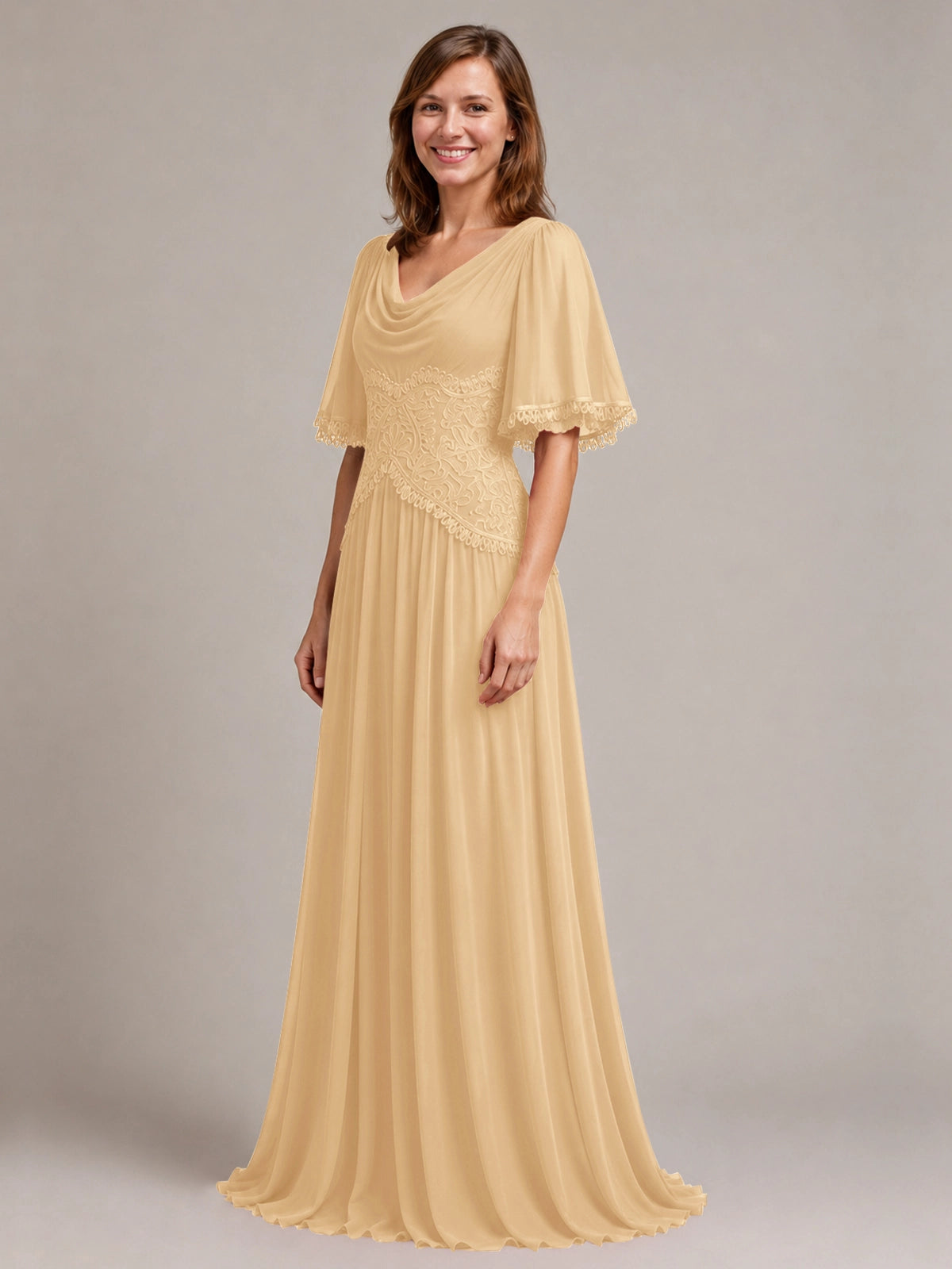 Cowl Neck Mother of the Bride Dress with Applique 