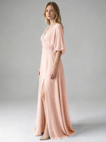 V-neck Slit Ruched Mother Dress 