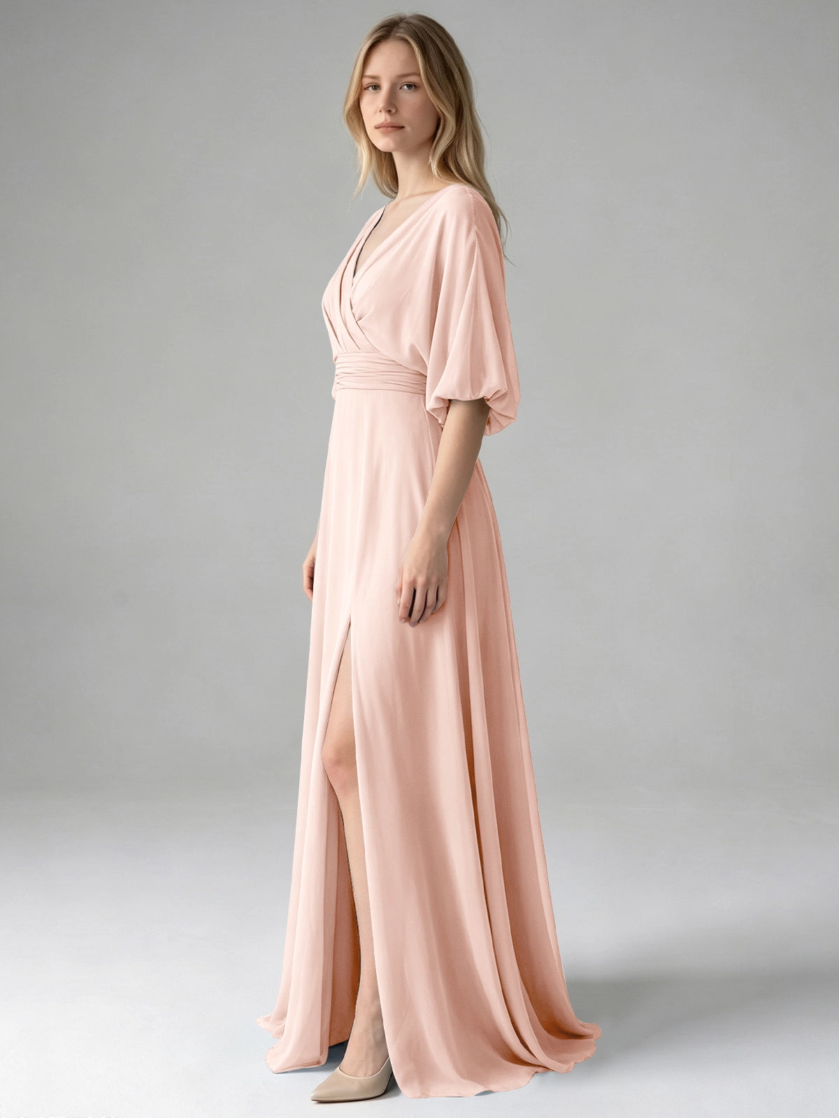 V-neck Slit Ruched Mother Dress 