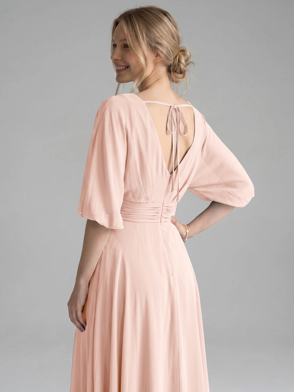 V-neck Slit Ruched Mother Dress 