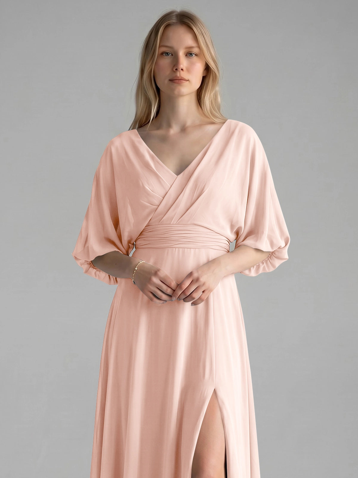 V-neck Slit Ruched Mother Dress 