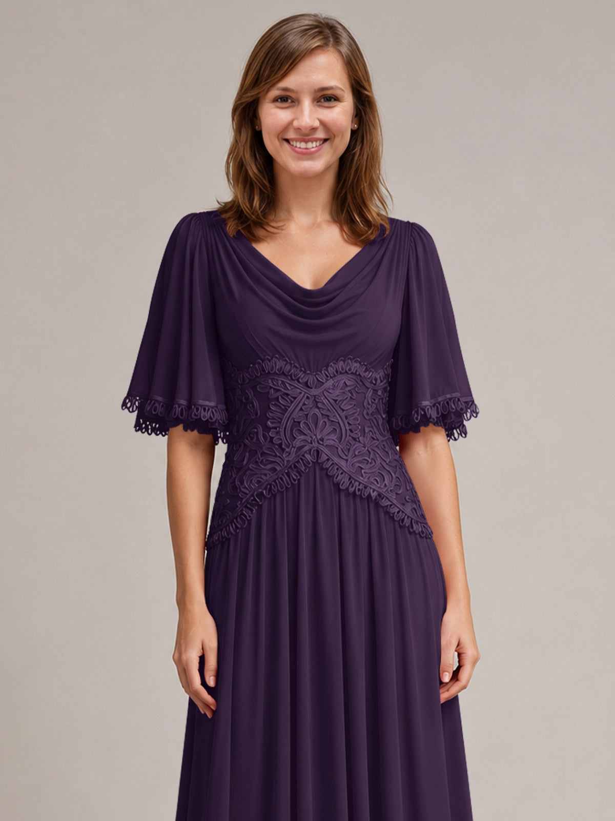 Cowl Neck Mother of the Bride Dress with Applique 