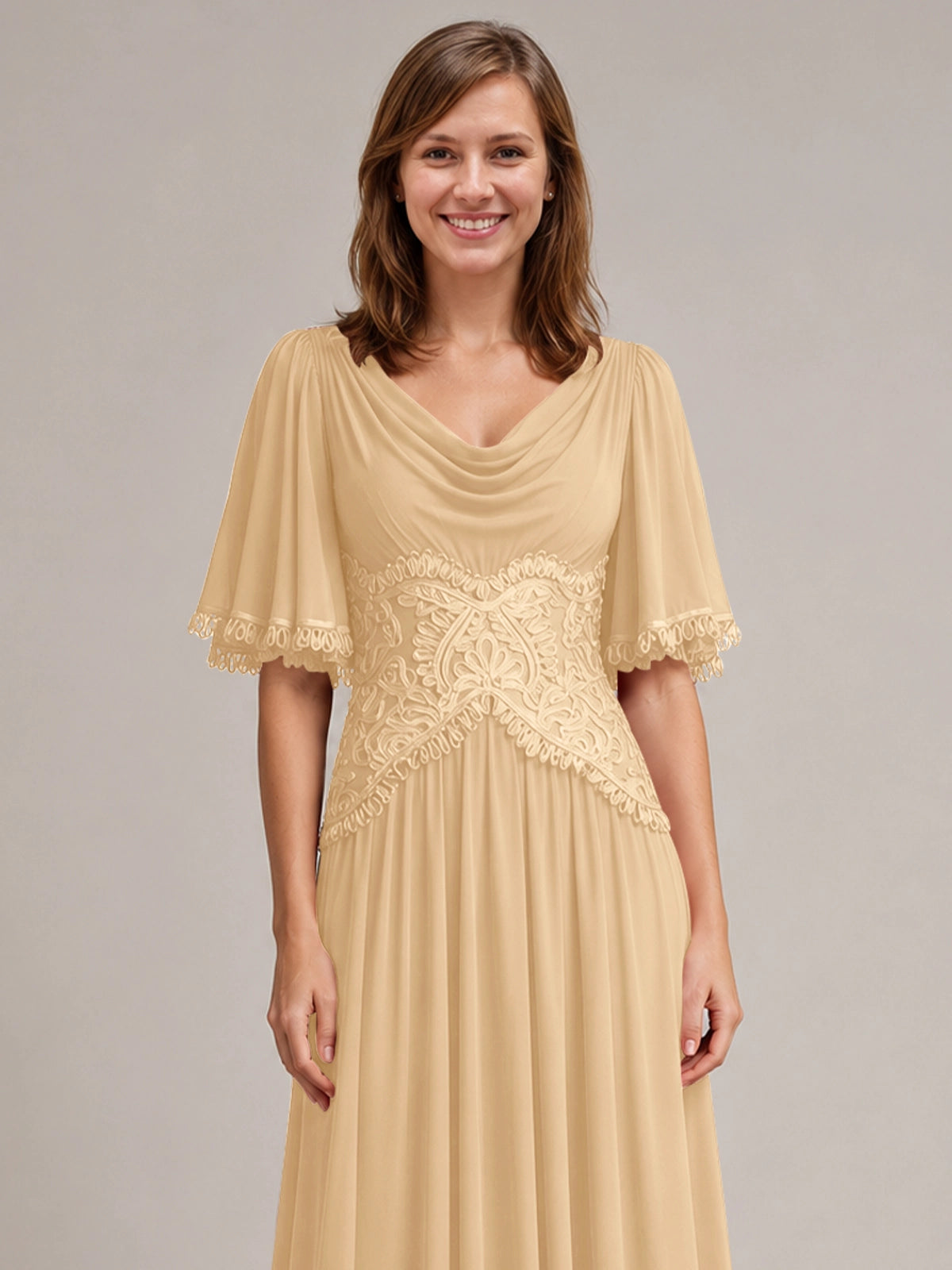 Cowl Neck Mother of the Bride Dress with Applique 