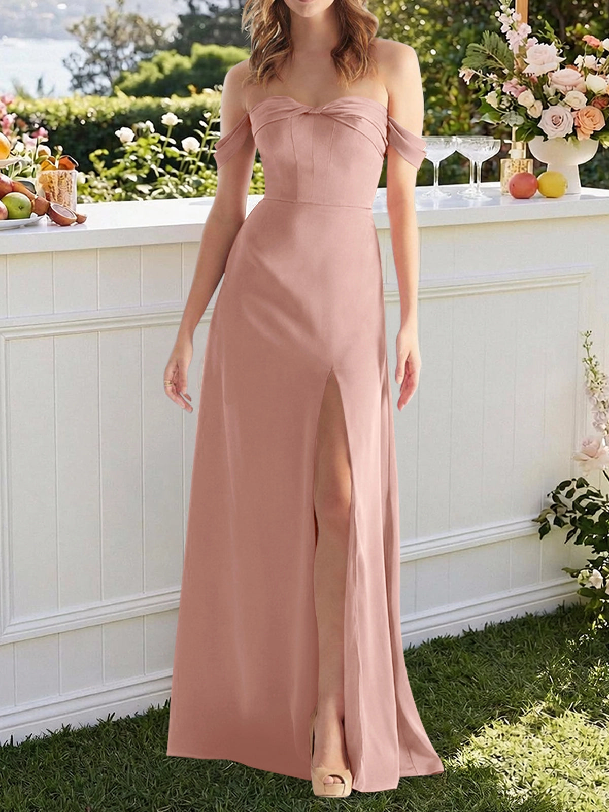 Off-the-Shoulder Slit Bridesmaid Dress 