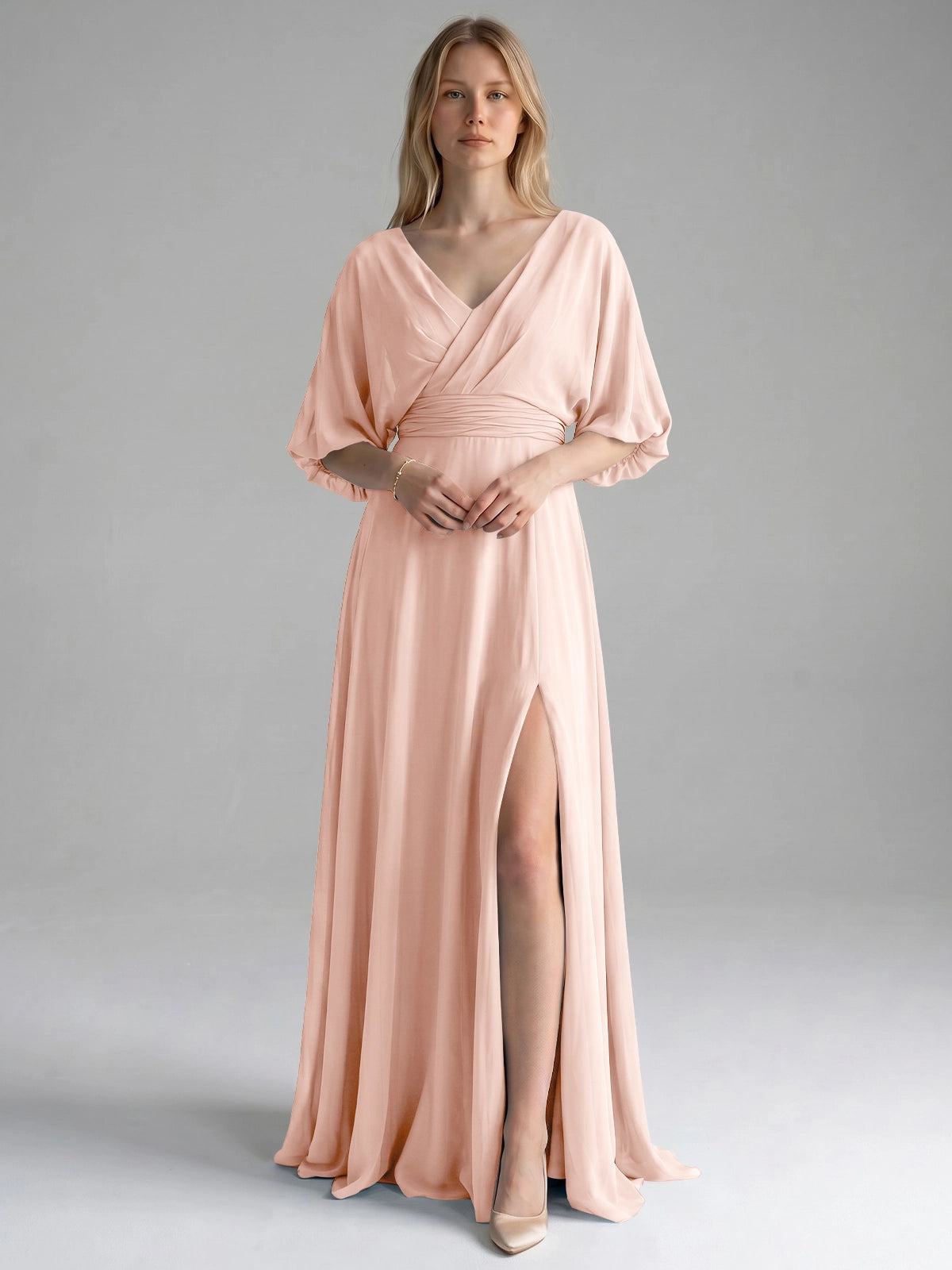 V-neck Slit Ruched Mother Dress 