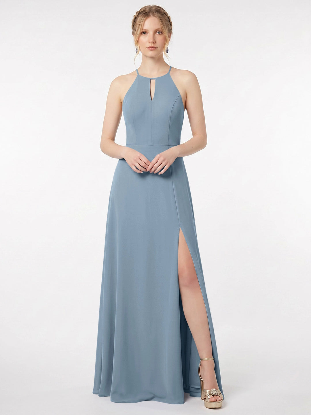 Chiffon Bridesmaid Dress with Halter #Dusty Blue